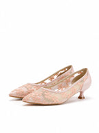 Pink Mesh Floral Kitten Heels | Embroidered Elegant Pumps for Women