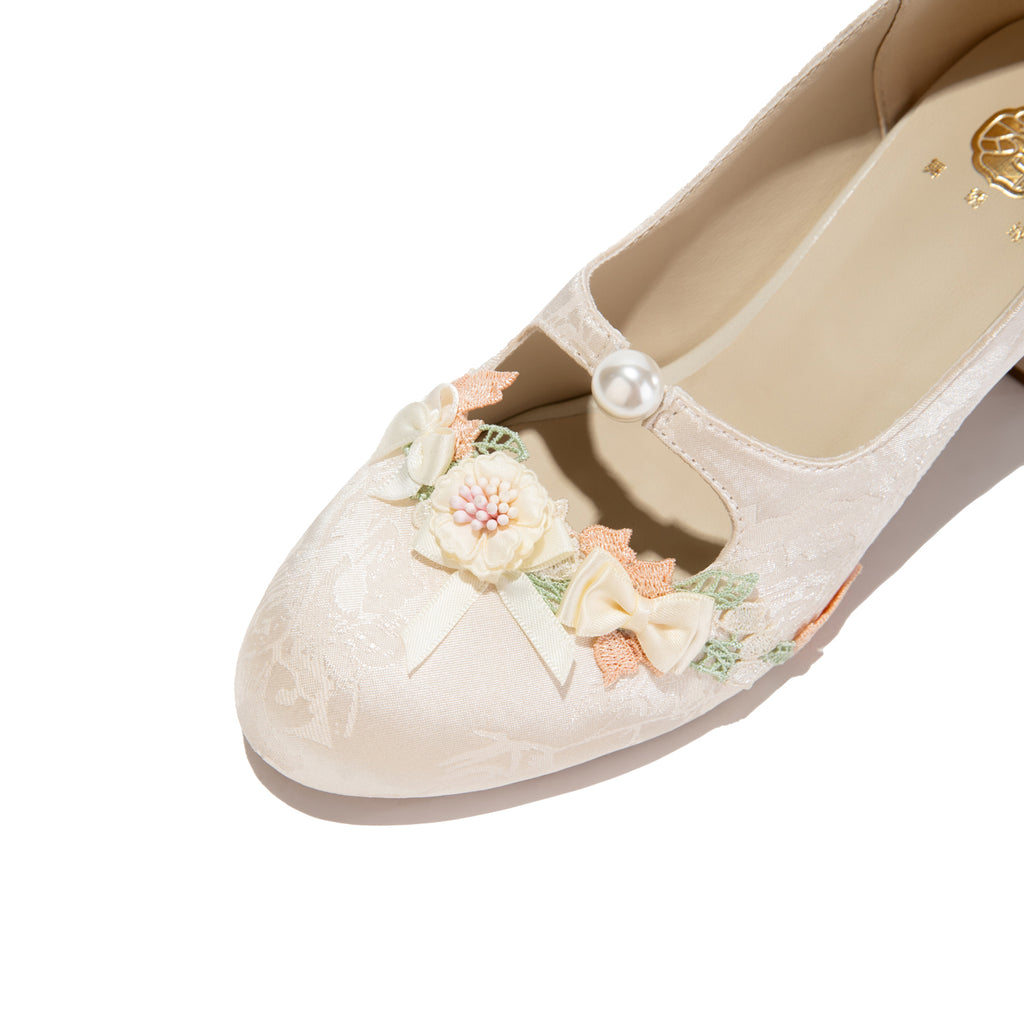 Ivory Floral Lace Mary Jane Heels | Pearl Trim Block Heel Romantic Pumps