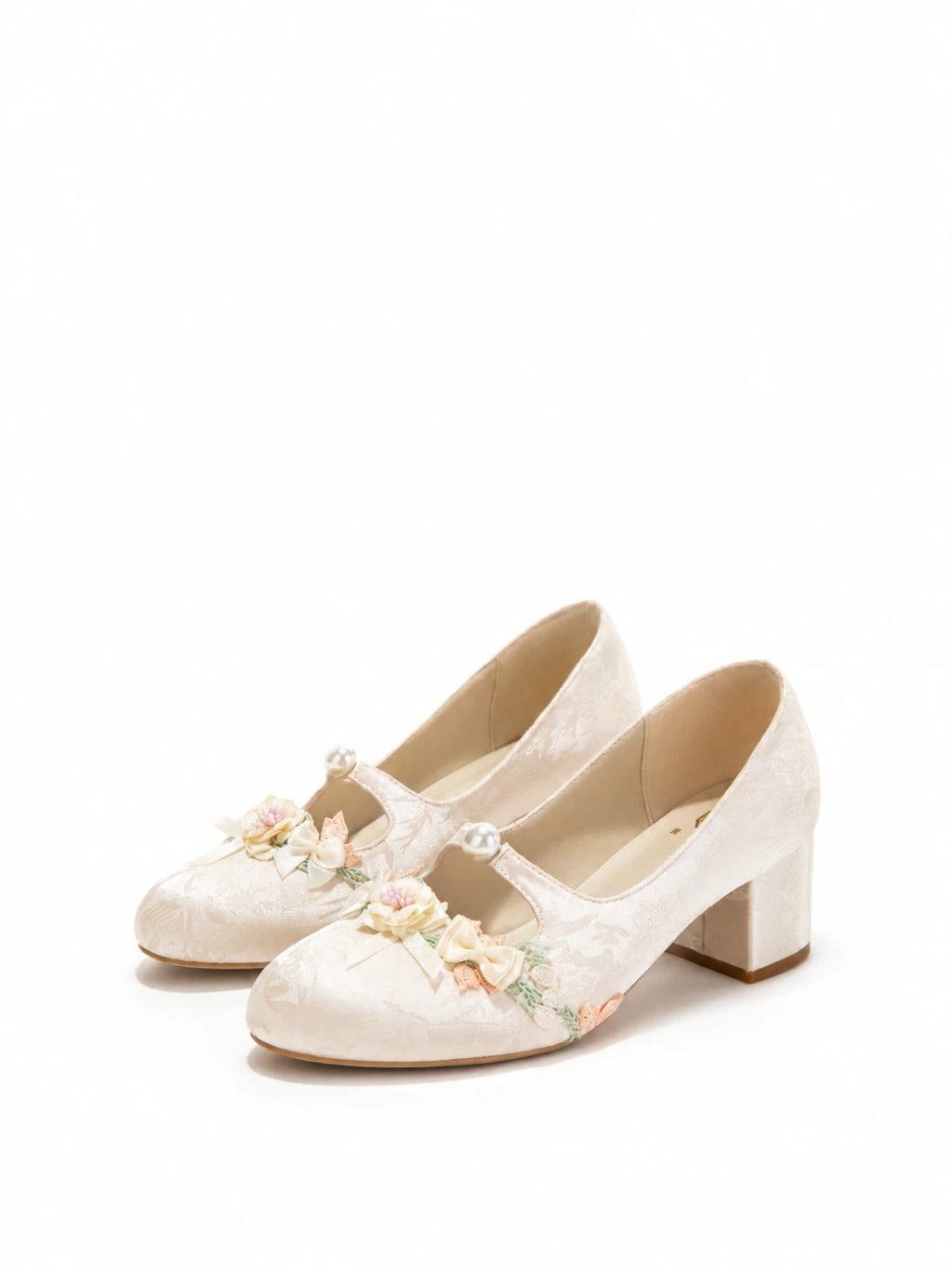Ivory Floral Lace Mary Jane Heels | Pearl Trim Block Heel Romantic Pumps