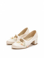 Ivory Floral Lace Mary Jane Heels | Pearl Trim Block Heel Romantic Pumps