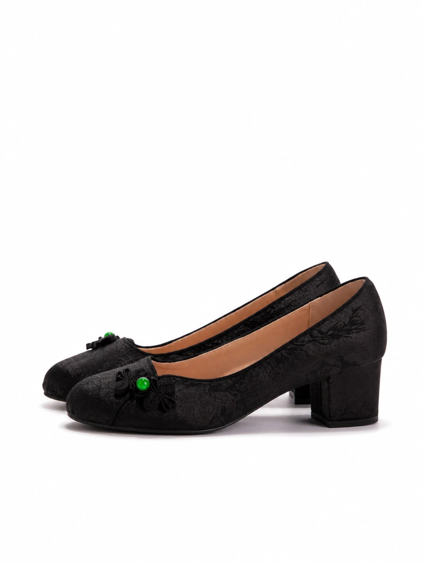 Chinoiserie Silk Pumps - Women's Vintage Jacquard Satin Block Heels, Comfortable Sheepskin Insole Floral Knot Evening Wedding Shoes