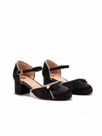 Black Jacquard Mary Jane Block Heels | Pearl Trim Elegant Pumps for Women