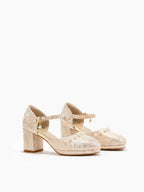Champagne Metallic Mary Jane Heels | Pearl Trim Block Heel Wedding Pumps