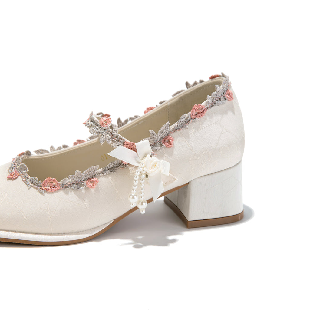 Ivory Floral Lace Mary Jane Heels | Elegant Block Heel Bridal Pumps