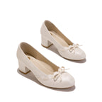 French Jacquard Mary Janes - Block Heel Wedding Shoes, Vintage Bow Pumps, Bridal Bridesmaid Heels, Elegant Cream Formal Footwear