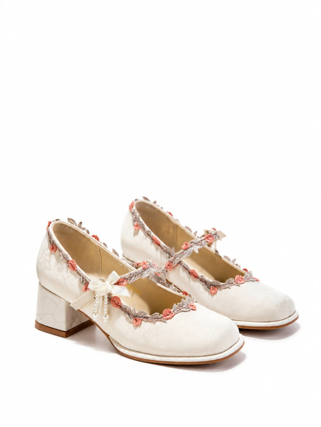 Ivory Floral Lace Mary Jane Heels | Elegant Block Heel Bridal Pumps