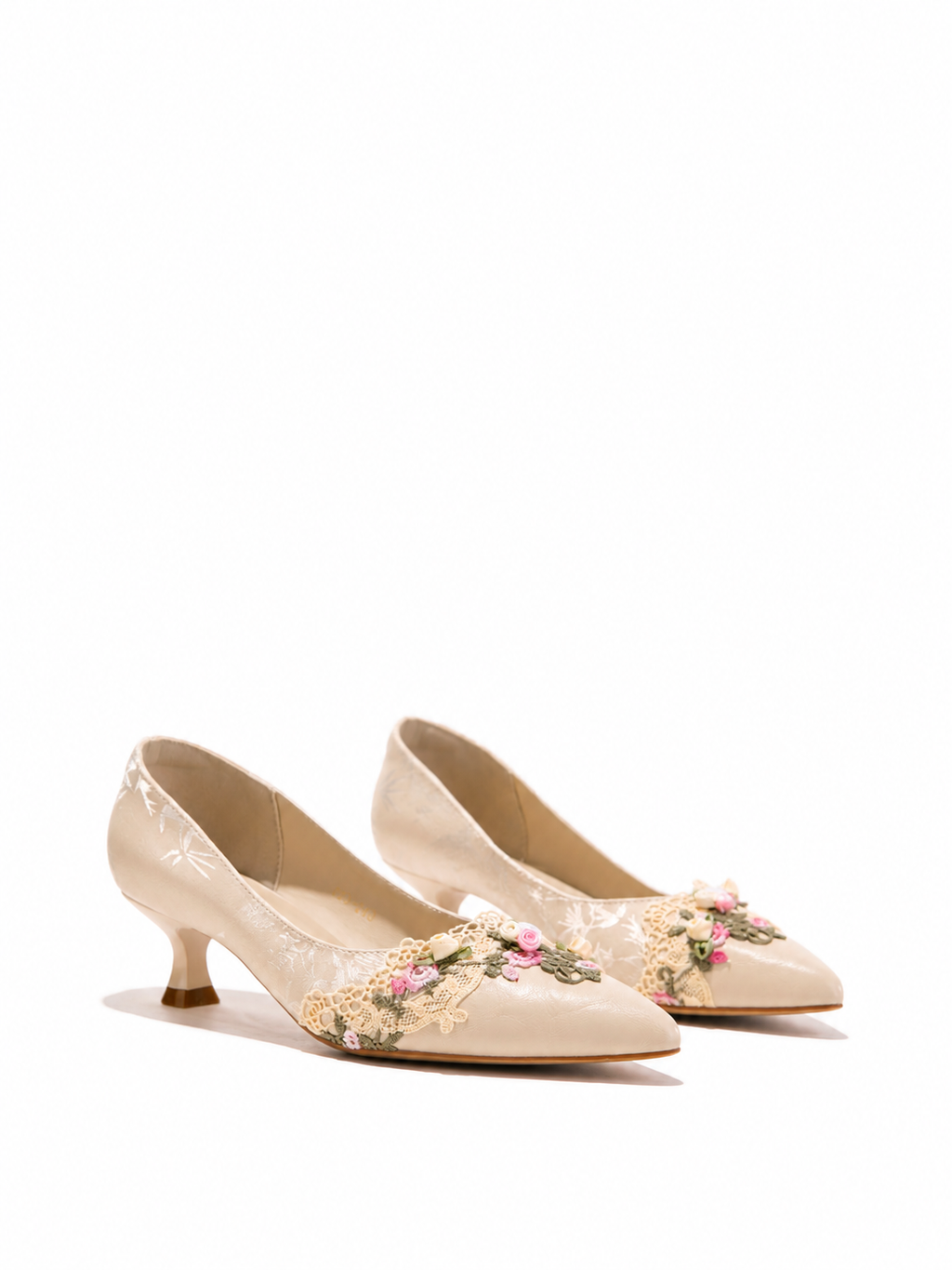 Vintage Chic Pumps - Women's Jacquard Satin Floral Embroidery Kitten Heels, Vintage Wedding Bridal Shoes, Handcrafted Pointed Toe Comfort Dress Shoes