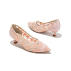 Pink Mesh Floral Kitten Heels | Embroidered Elegant Pumps for Women