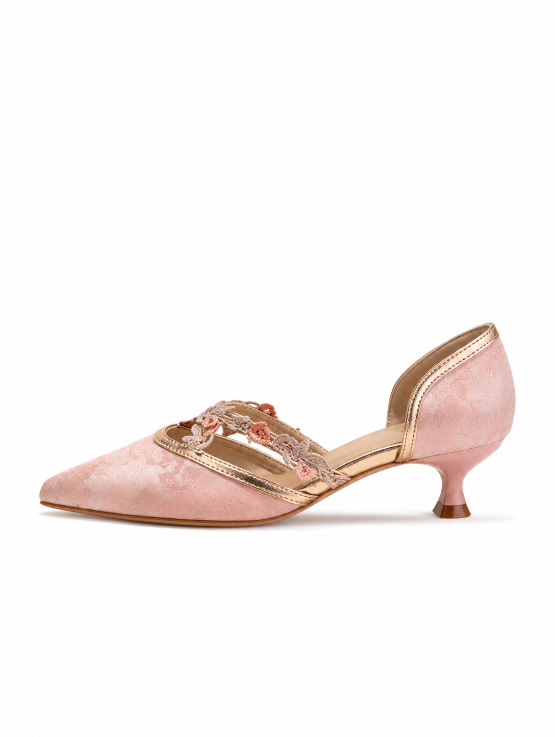 Versatile New Chinese Jacquard Floral Trim Kitten Heels | Pointed Toe Everyday Pumps