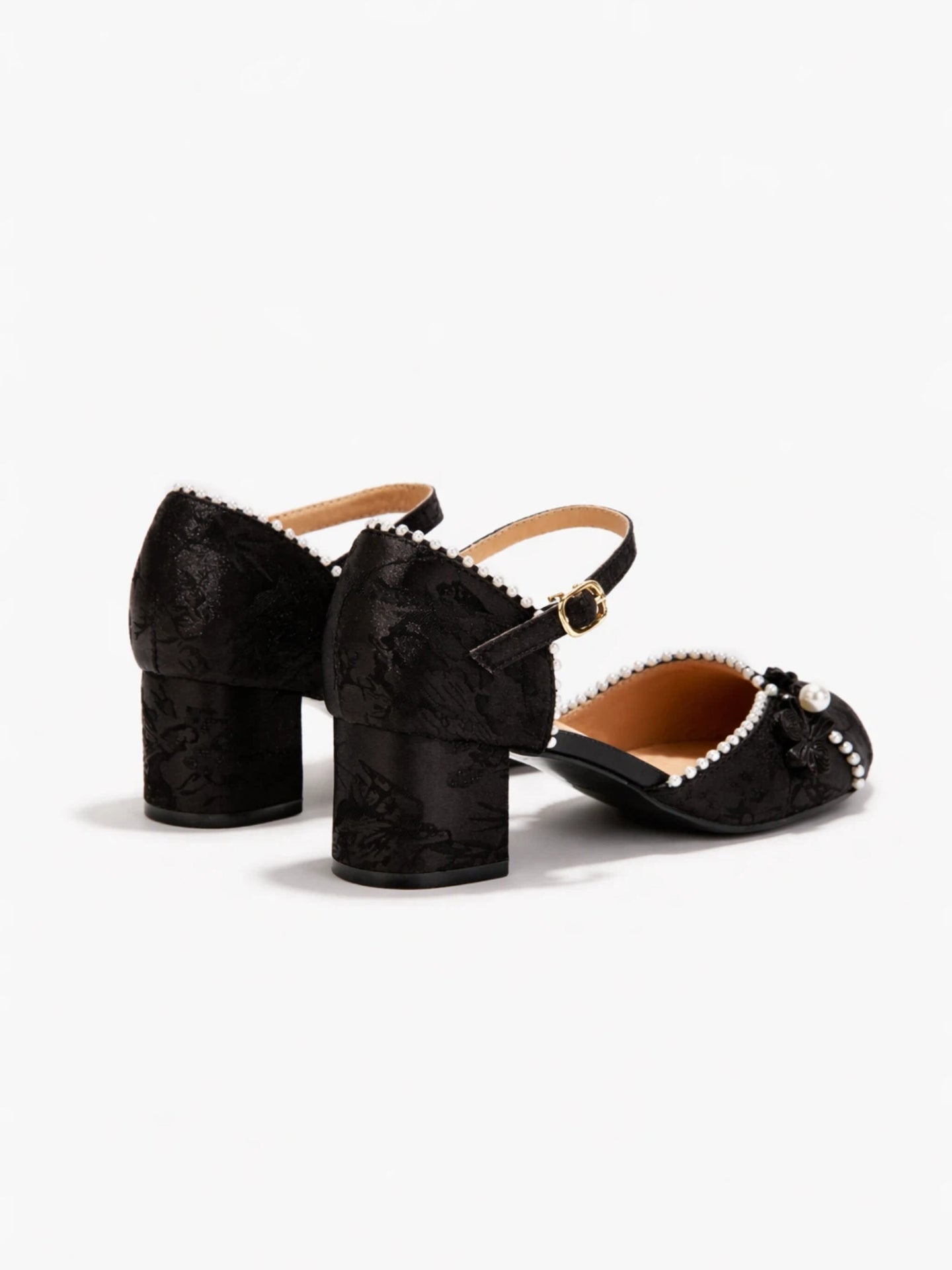 Black Jacquard Mary Jane Block Heels | Pearl Trim Elegant Pumps for Women