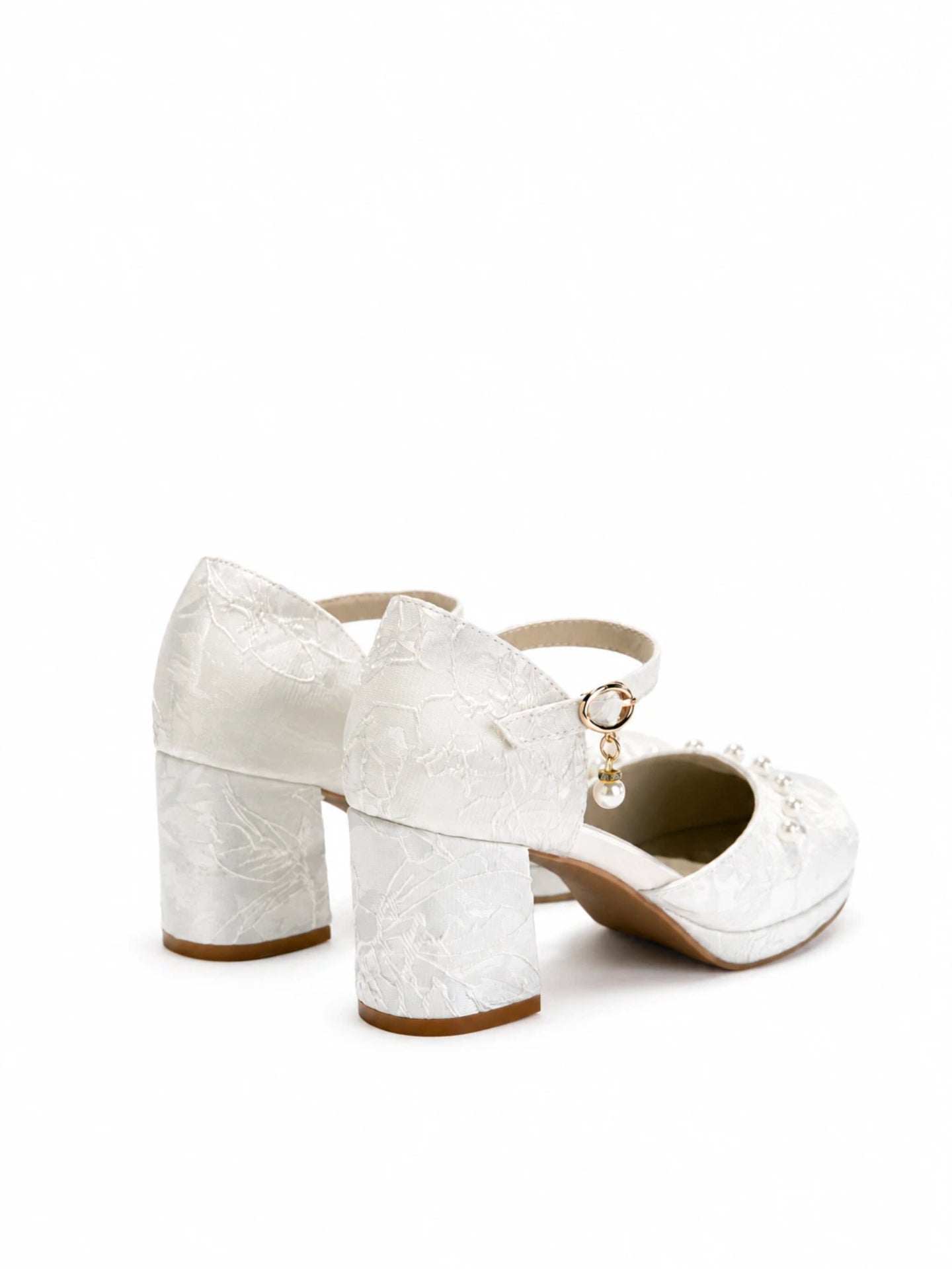 Versatile White Jacquard Pearl Ankle Strap Block Heels | Elegant Everyday & Wedding Pumps