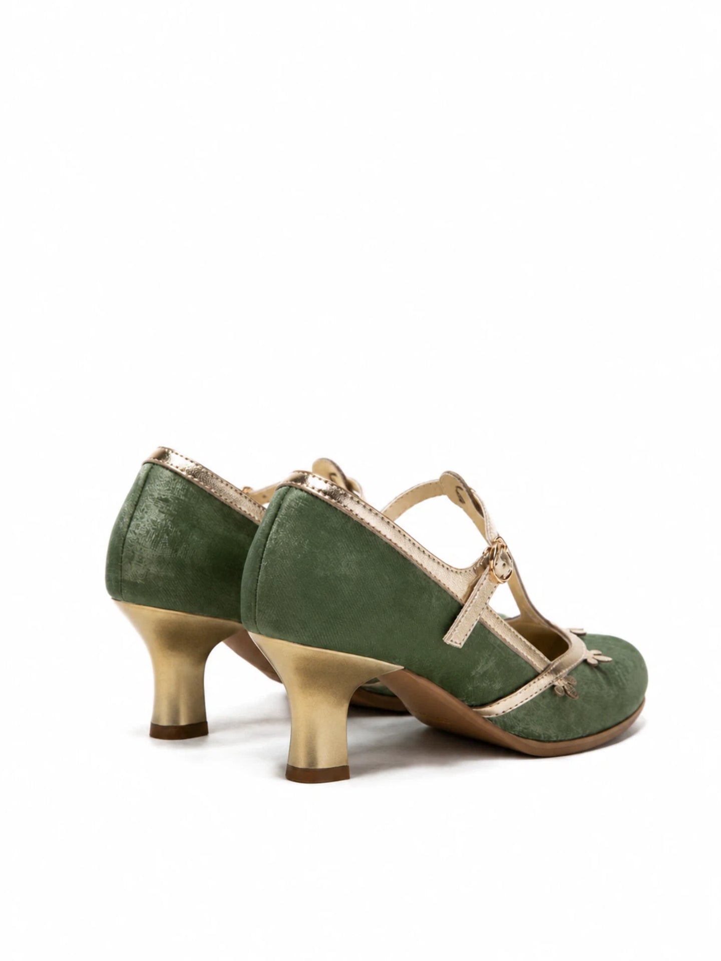Versatile Green T-Strap Mary Jane Block Heels | Retro Floral Trim Everyday Pumps