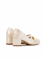 Ivory Floral Lace Mary Jane Heels | Pearl Trim Block Heel Romantic Pumps