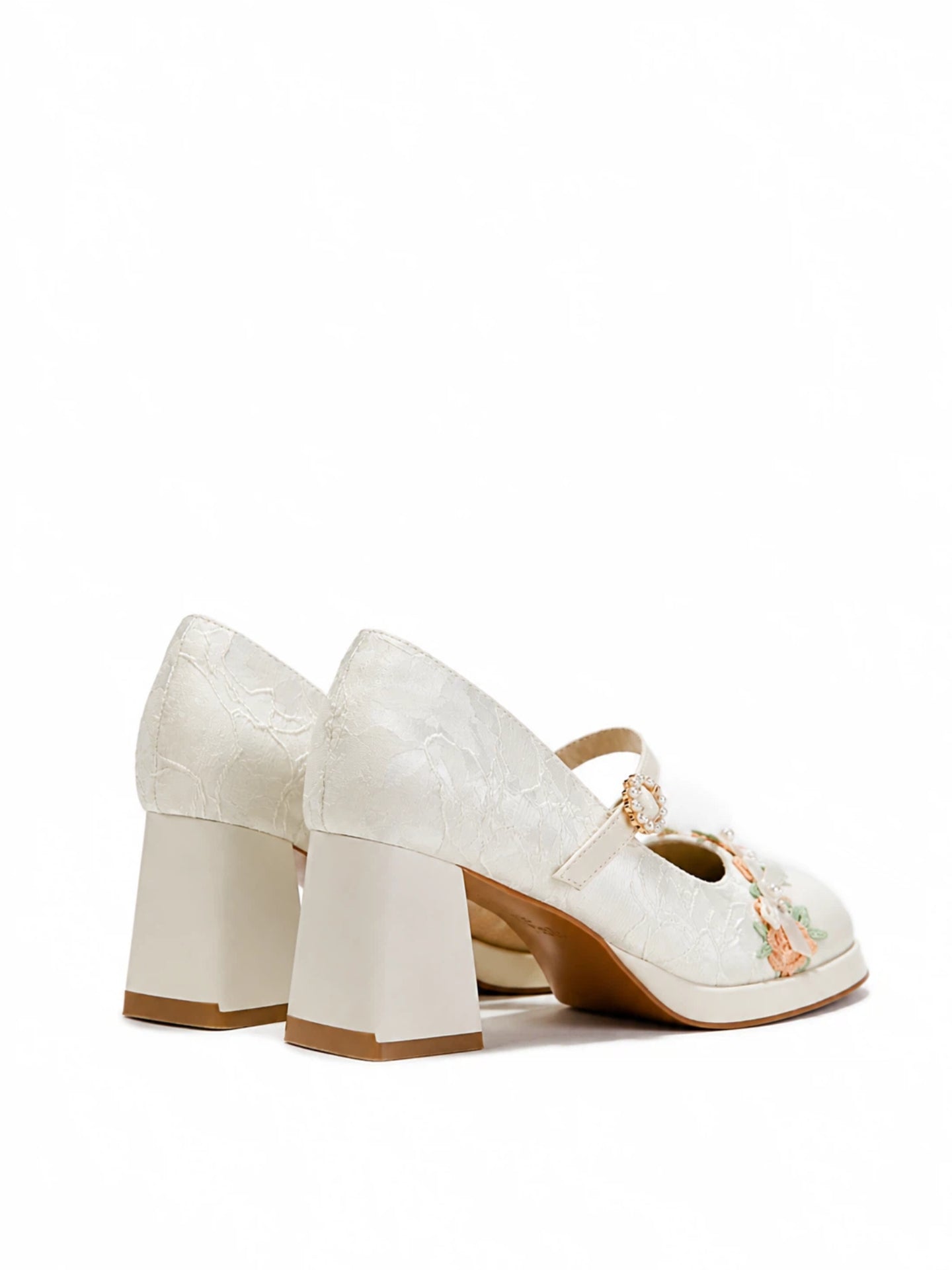 White Floral Trim Mary Jane Heels | Elegant Block Heel Wedding Pumps