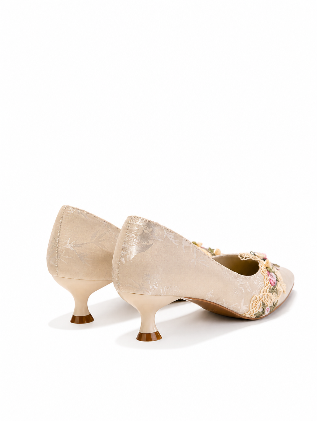 Vintage Chic Pumps - Women's Jacquard Satin Floral Embroidery Kitten Heels, Vintage Wedding Bridal Shoes, Handcrafted Pointed Toe Comfort Dress Shoes