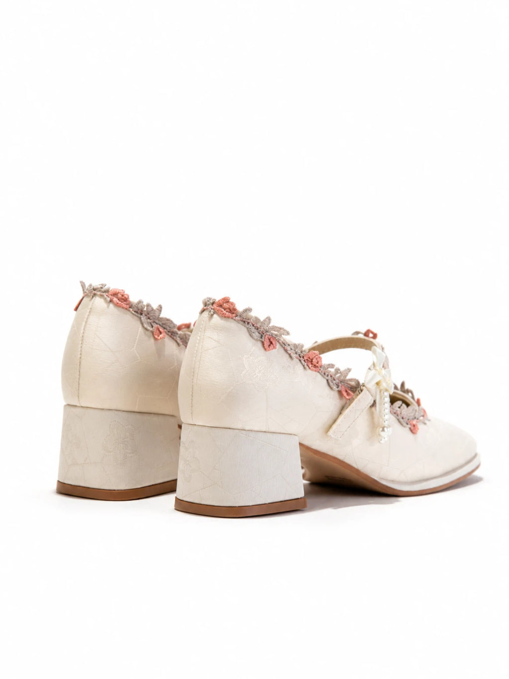 Ivory Floral Lace Mary Jane Heels | Elegant Block Heel Bridal Pumps