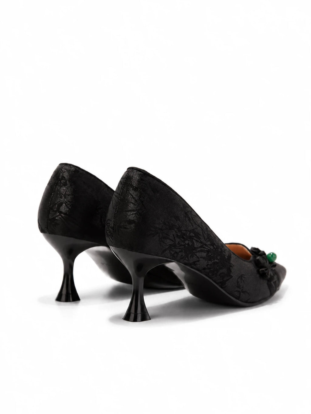 Versatile Oriental-Inspired Black Jacquard Frog Button Kitten Heels | Everyday Elegant Pumps