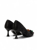 Versatile Oriental-Inspired Black Jacquard Frog Button Kitten Heels | Everyday Elegant Pumps