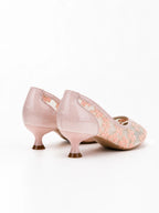 Pink Mesh Floral Kitten Heels | Embroidered Elegant Pumps for Women