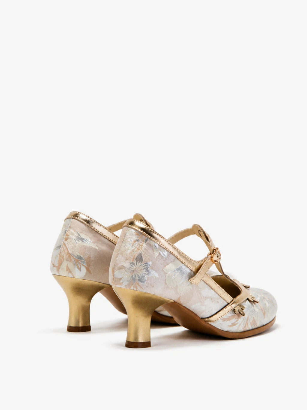 Versatile Champagne Jacquard T-Strap Mary Jane Block Heels | Floral Trim Everyday Pumps