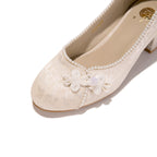 Vintage Jacquard Satin High Heels—White vintage-style brocade beaded wedding shoes, elegant mid-heel shoes suitable for the workplace and formal occasions