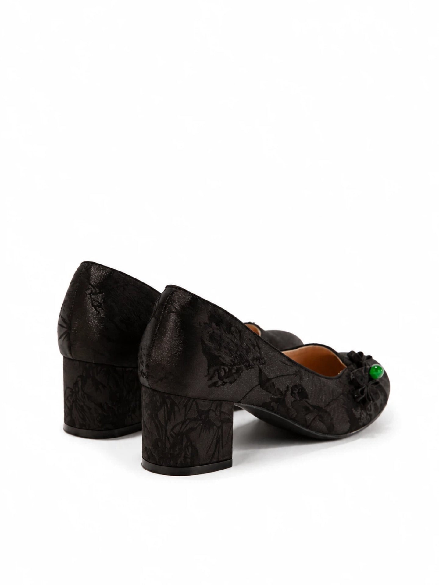 Chinoiserie Silk Pumps - Women's Vintage Jacquard Satin Block Heels, Comfortable Sheepskin Insole Floral Knot Evening Wedding Shoes