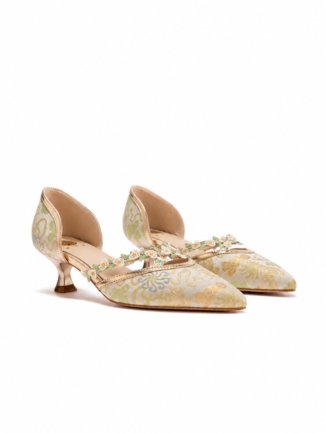 Versatile New Chinese Jacquard Floral Trim Kitten Heels | Pointed Toe Everyday Pumps