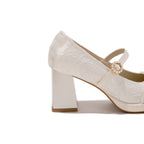 Vintage Jacquard Mary Janes - Block Heel Bridal Shoes, Handmade Lace Floral Coquette Pumps, Elegant Wedding Bridesmaid Heels
