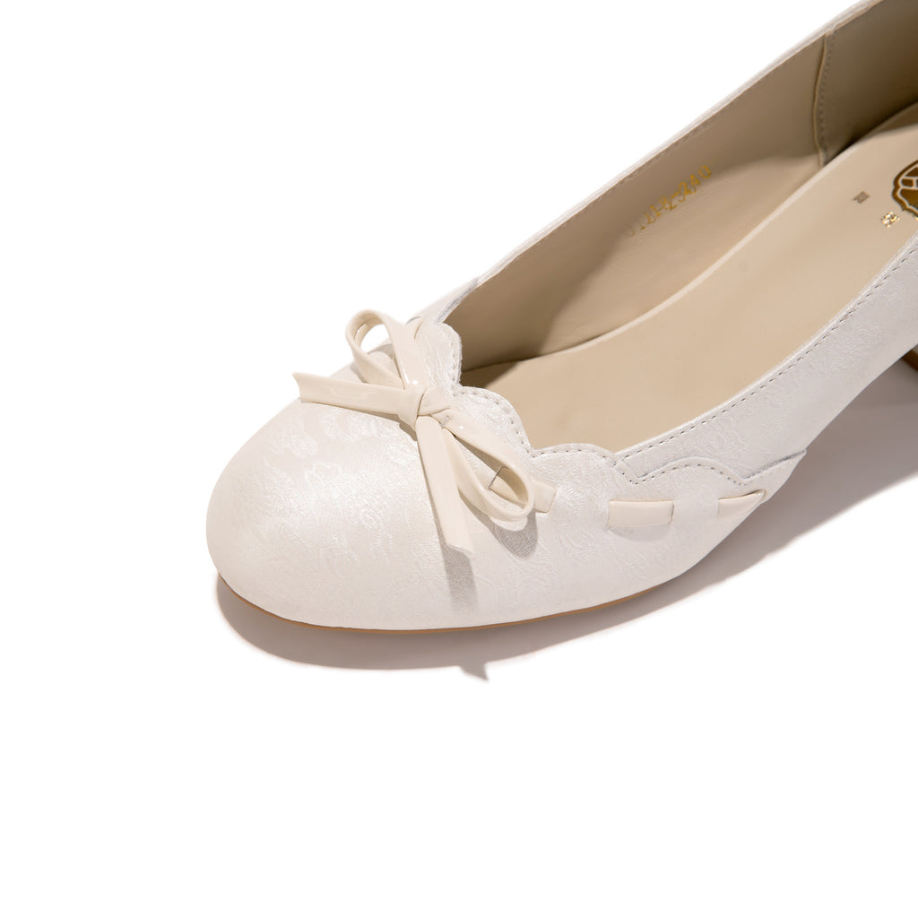 French Jacquard Mary Janes - Block Heel Wedding Shoes, Vintage Bow Pumps, Bridal Bridesmaid Heels, Elegant Cream Formal Footwear