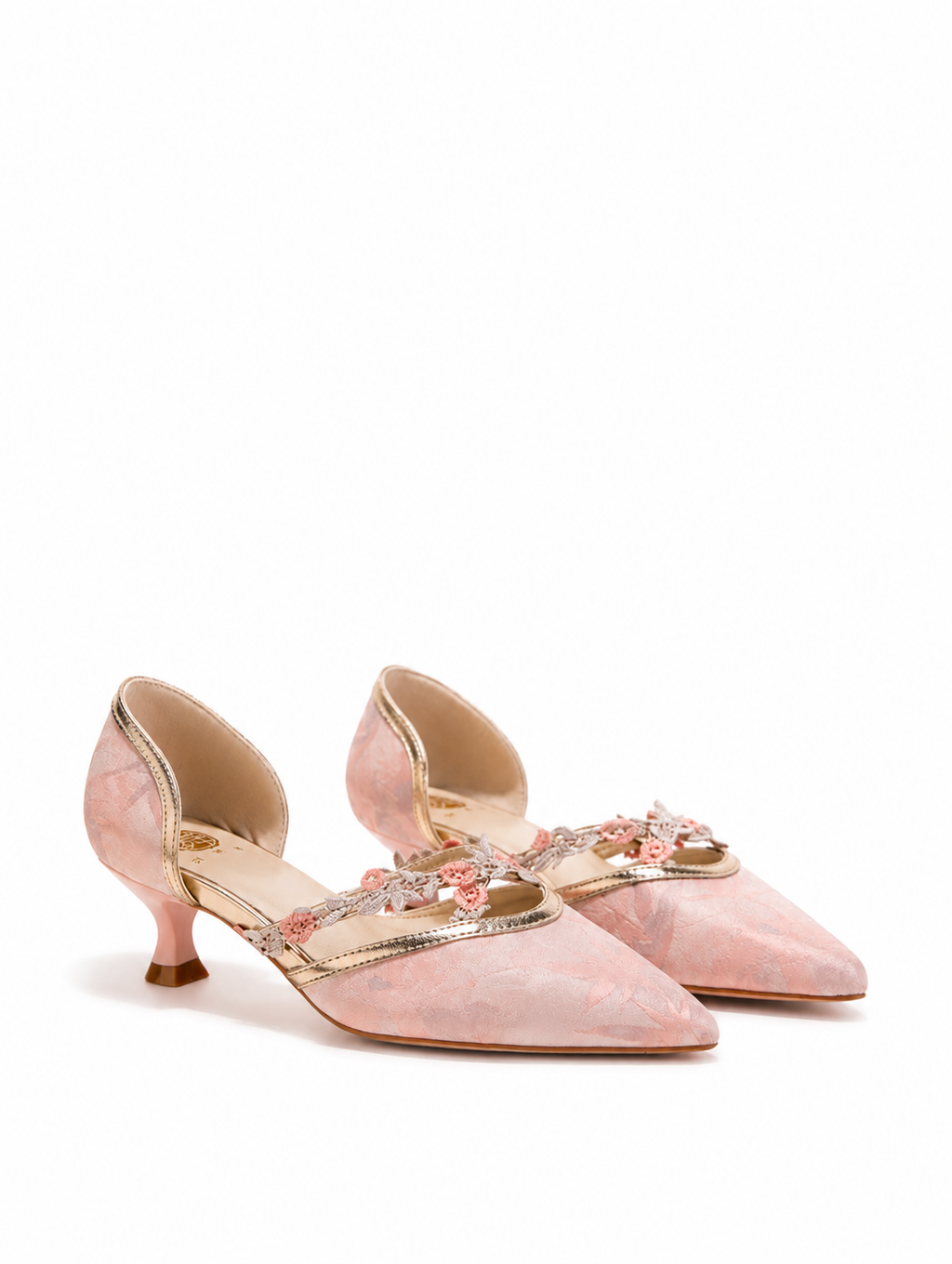 Versatile New Chinese Jacquard Floral Trim Kitten Heels | Pointed Toe Everyday Pumps
