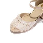 Champagne Metallic Mary Jane Heels | Pearl Trim Block Heel Wedding Pumps