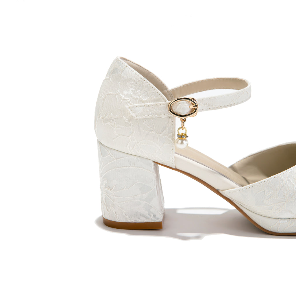 Versatile White Jacquard Pearl Ankle Strap Block Heels | Elegant Everyday & Wedding Pumps