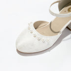 Versatile White Jacquard Pearl Ankle Strap Block Heels | Elegant Everyday & Wedding Pumps