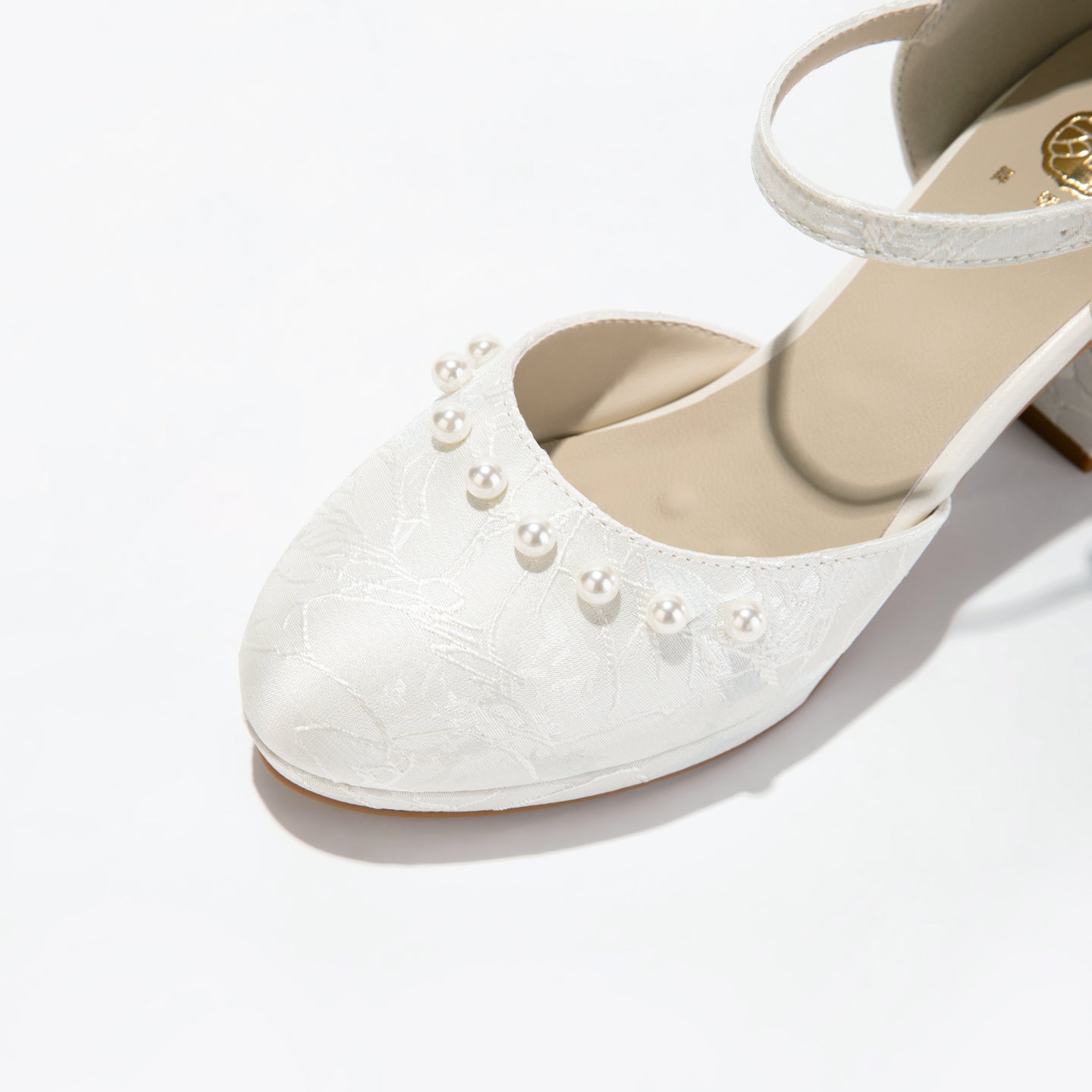 Versatile White Jacquard Pearl Ankle Strap Block Heels | Elegant Everyday & Wedding Pumps