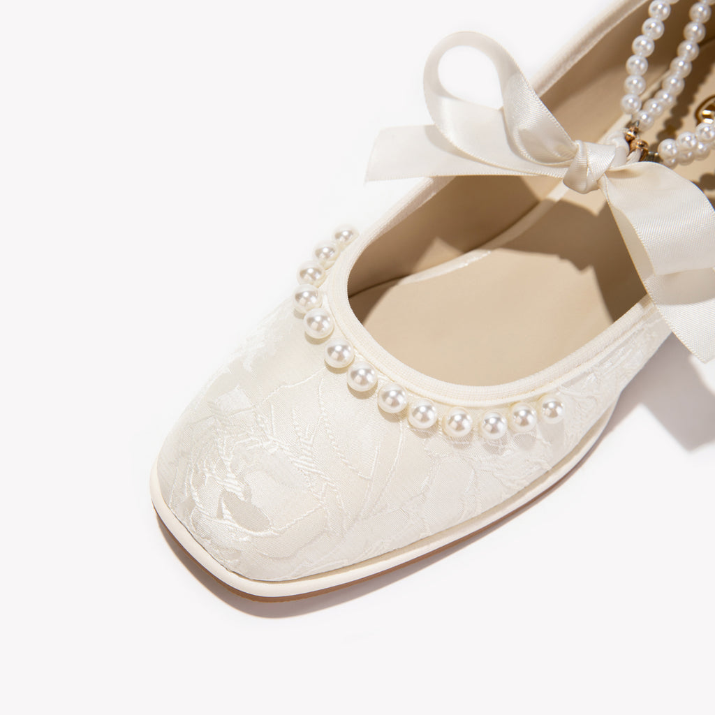 Ivory Mary Jane Heels | Pearl Satin Bow Wedding Pumps for Women