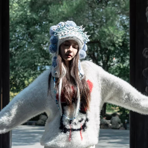 Original handcrafted White Snake woolen cap, a knitted cap with traditional Chinese mythological elements, is lively, ethereal and warm