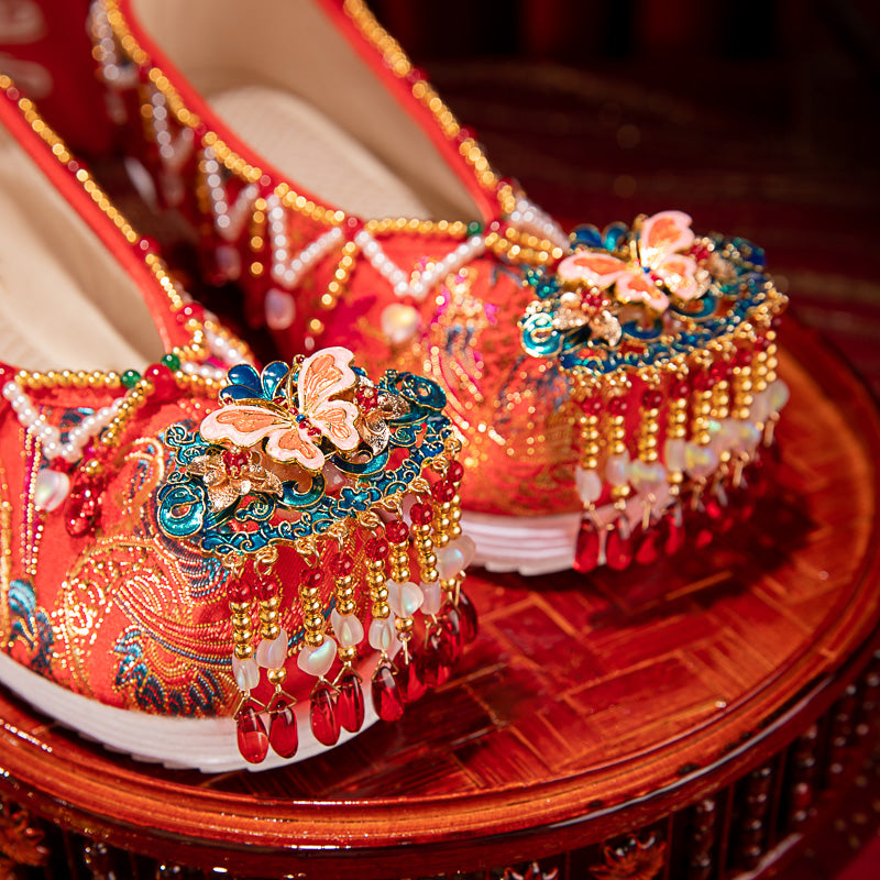 2025 New Chinese Wedding Shoes - Red Xiuhe Flat Embroidered Bridal Shoes | Comfortable Non-Slip Hanfu Accompaniment
