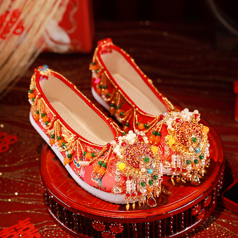 Eternal Bond: 2025 Hand-Embroidered Tassel Wedding Shoes for Chinese Brides