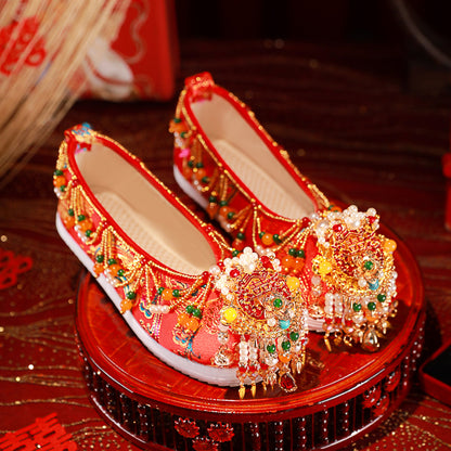 Eternal Bond: 2025 Hand-Embroidered Tassel Wedding Shoes for Chinese Brides