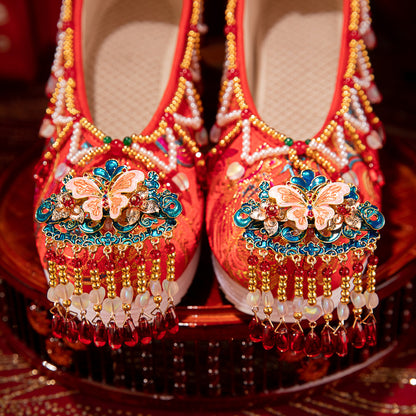 2025 New Chinese Wedding Shoes - Red Xiuhe Flat Embroidered Bridal Shoes | Comfortable Non-Slip Hanfu Accompaniment