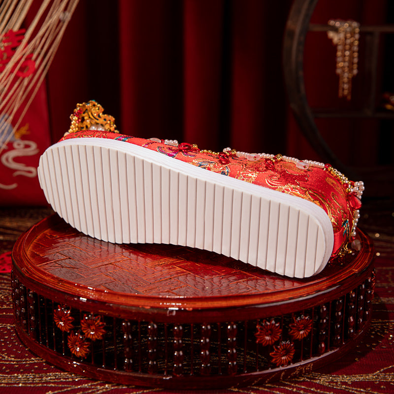 2025 New Chinese Wedding Shoes - Red Xiuhe Flat Embroidered Bridal Shoes | Comfortable Non-Slip Hanfu Accompaniment