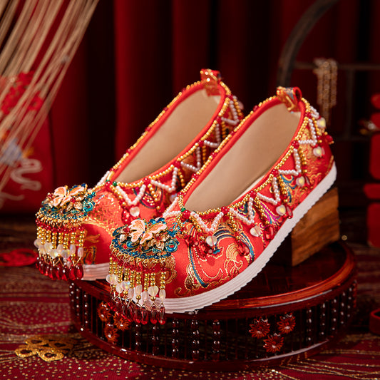 2025 New Chinese Wedding Shoes - Red Xiuhe Flat Embroidered Bridal Shoes | Comfortable Non-Slip Hanfu Accompaniment