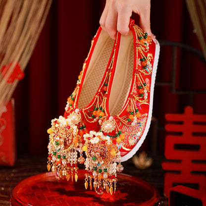 Eternal Bond: 2025 Hand-Embroidered Tassel Wedding Shoes for Chinese Brides