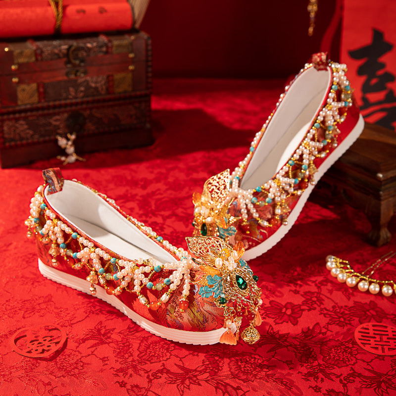 Phoenix Crown & Wedding Attire Series: Ming Style Meticulously Embroidered Wedding Shoes — With 2.5cm Soft Hidden Wedge