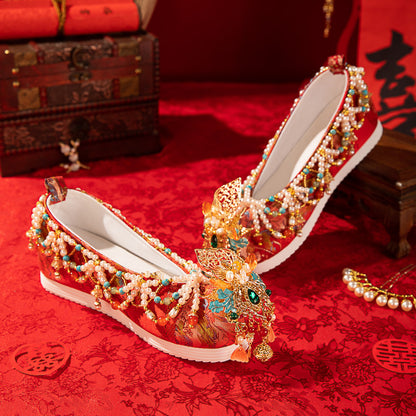 Phoenix Crown & Wedding Attire Series: Ming Style Meticulously Embroidered Wedding Shoes — With 2.5cm Soft Hidden Wedge