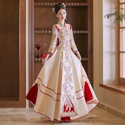 Champagne Gold Elegance 2025 · Petite Xiuhe Wedding Dress | Slim-Fit Dragon-Phoenix Chinese Bridal Gown