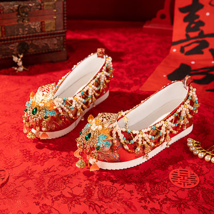 Phoenix Crown & Wedding Attire Series: Ming Style Meticulously Embroidered Wedding Shoes — With 2.5cm Soft Hidden Wedge
