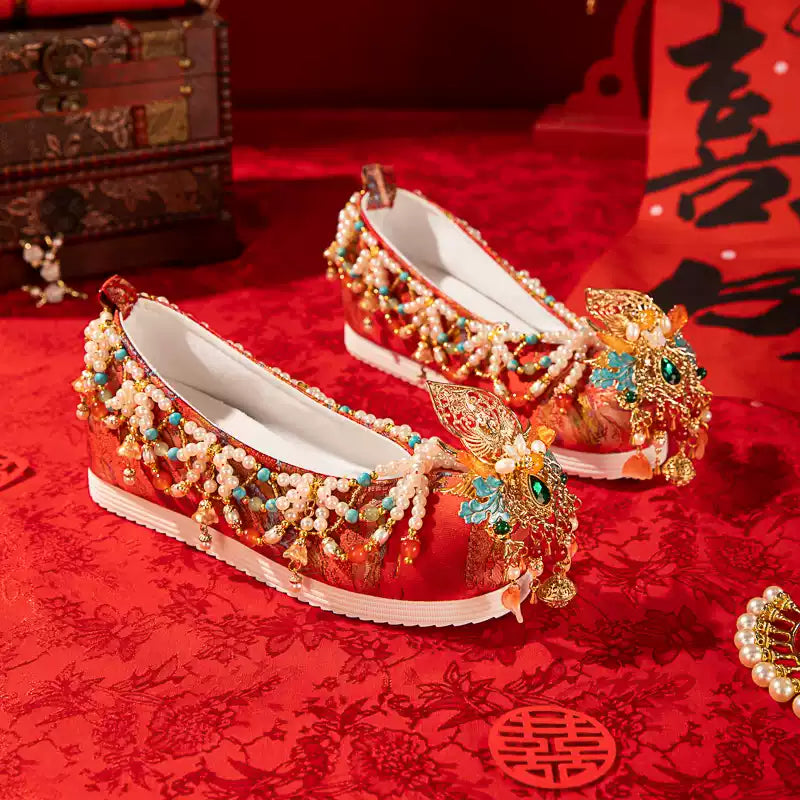 Phoenix Crown & Wedding Attire Series: Ming Style Meticulously Embroidered Wedding Shoes — With 2.5cm Soft Hidden Wedge