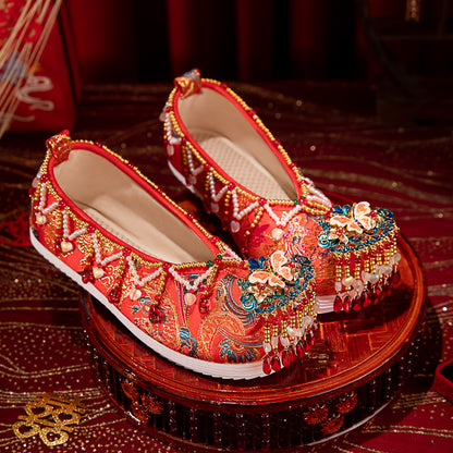 2025 New Chinese Wedding Shoes - Red Xiuhe Flat Embroidered Bridal Shoes | Comfortable Non-Slip Hanfu Accompaniment