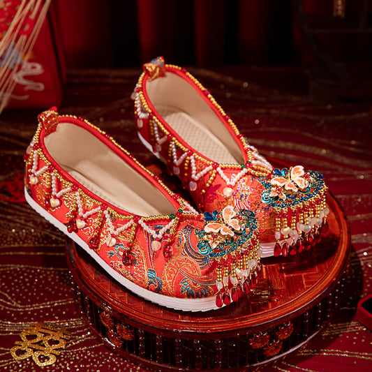 2025 New Chinese Wedding Shoes - Red Xiuhe Flat Embroidered Bridal Shoes | Comfortable Non-Slip Hanfu Accompaniment